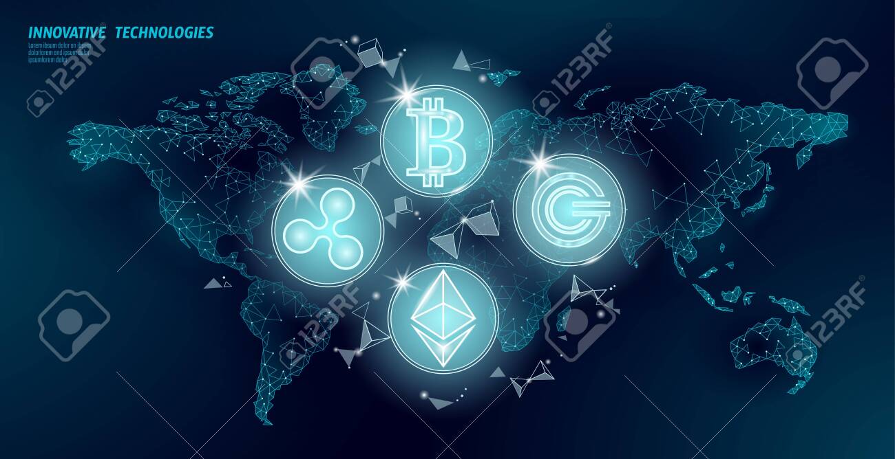 Global International Blockchain Cryptocurrency. World Map Low Poly Modern  Future Finance Banking Design. Polygonal Triangle Bitcoin Ethereum Ripple  GCC Business Vector Illustration Royalty Free SVG, Cliparts, Vectors, and  Stock Illustration. Image ...