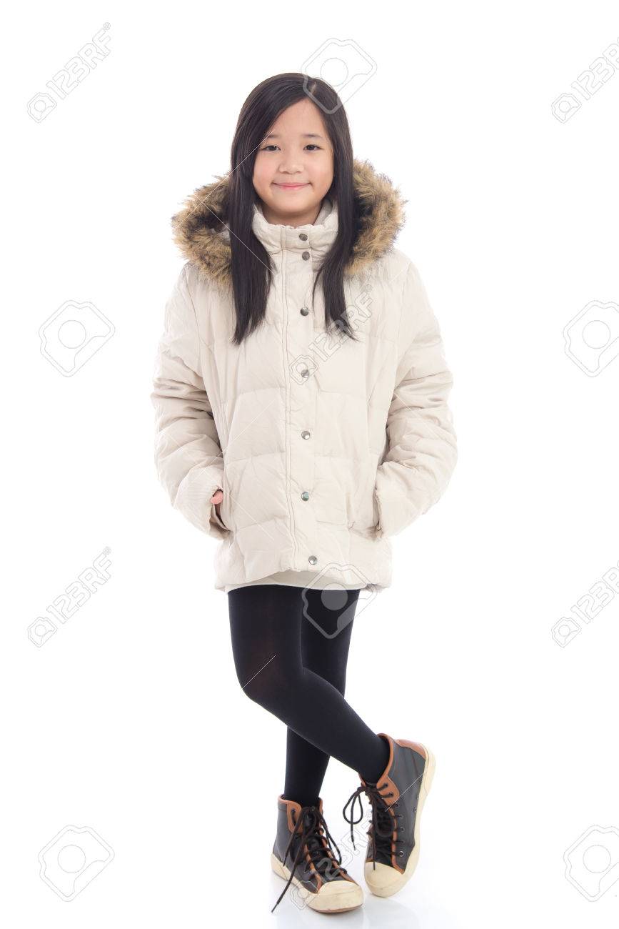 Belle Asiatique Blanc D'hiver Manteau Isolé Fond Sur Fille kZuXOiP