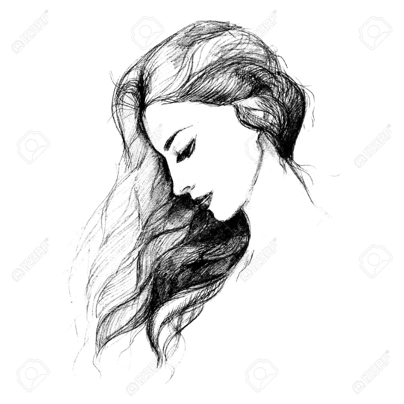 Sketch Of A Female Profile With Long Hair. Graphics On White Background.  Vector Фотография, картинки, изображения и сток-фотография без роялти.  Image 104766357