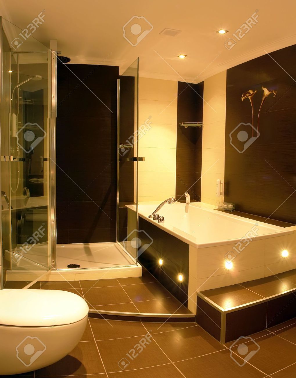 Una vista de un baño moderno con un vaso cerrado puesto de ducha y ...