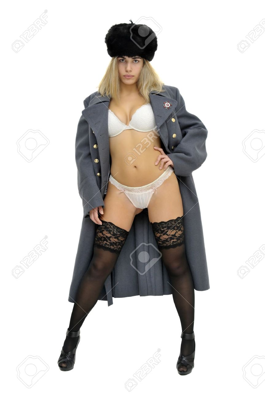 Sexy Girl In Russian Army Greatcoat And Lingerie Isolated In White Stock  Photo, Picture and Royalty Free Image. Image 10454034.