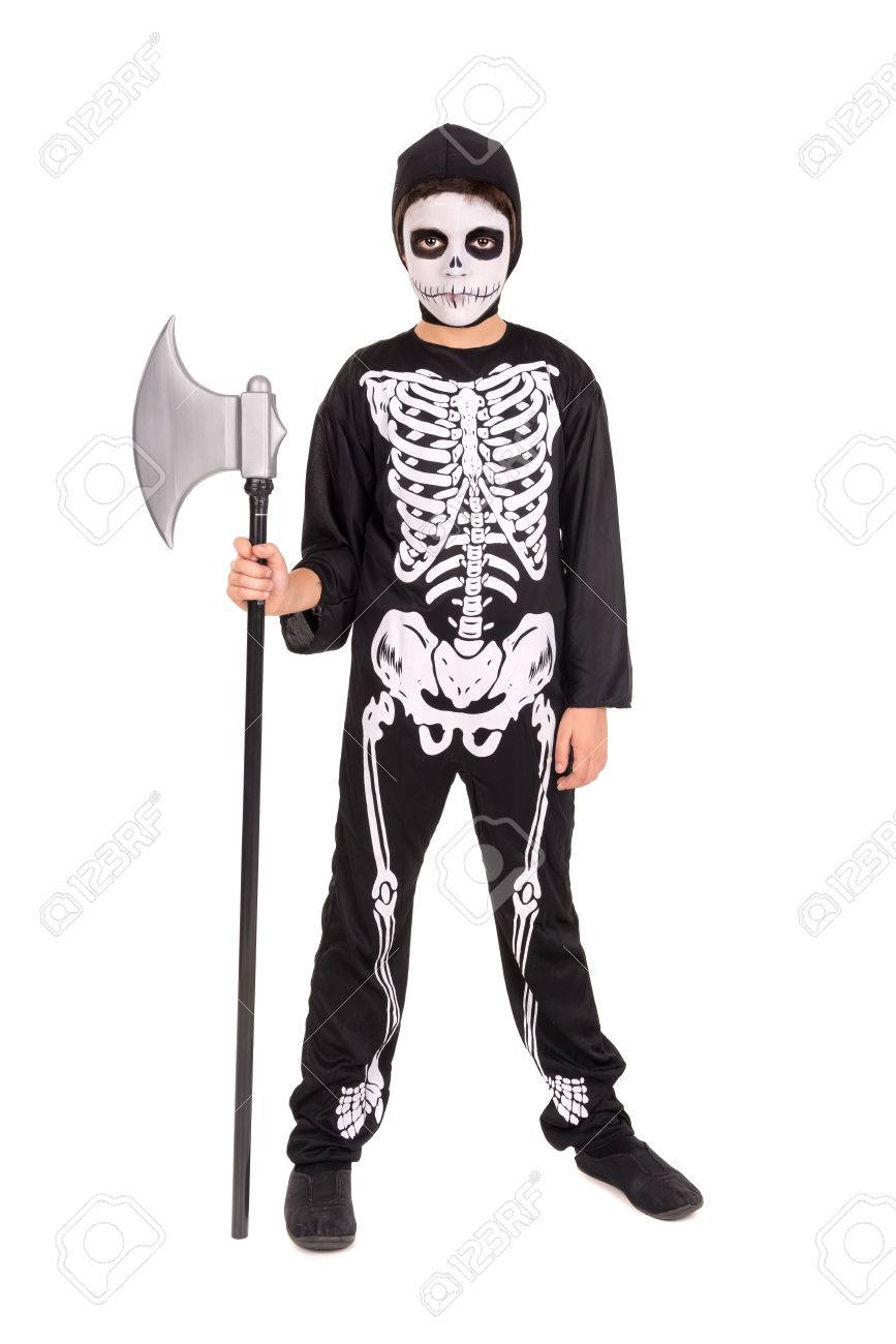 Skeleton Face Painting For Halloween boy with face paint and skeleton halloween costume isolated in Skeleton Face Painting For Halloween boy with face paint and skeleton halloween costume isolated in
