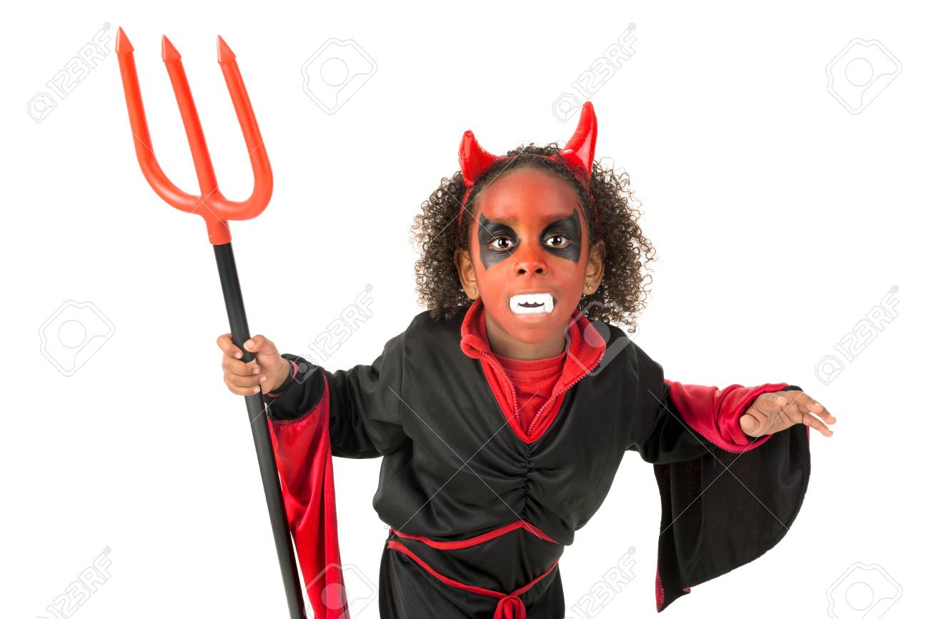 Girl with face,paint and devil Halloween costume isolated in..