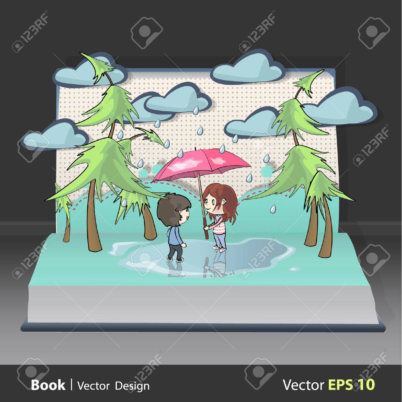 飛び出す絵本の中雨の子供たちのイラスト素材 ベクタ Image 17042465