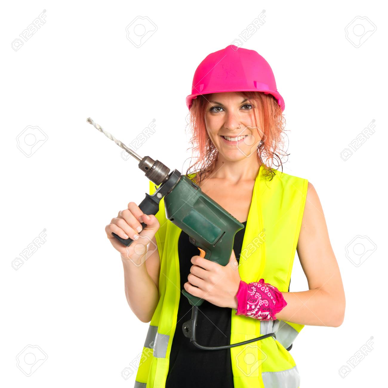 worker frau mit bohrmaschine auf weißem hintergrund lizenzfreie worker stock