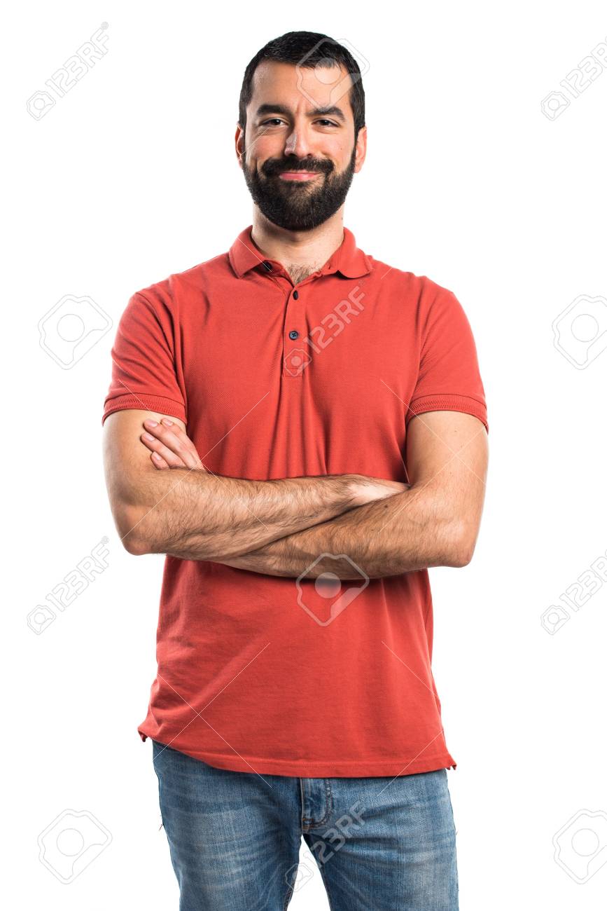 Man wearing red polo shirt with his arms crossed - 51769307 Man wearing red polo shirt with his arms crossed - 51769307