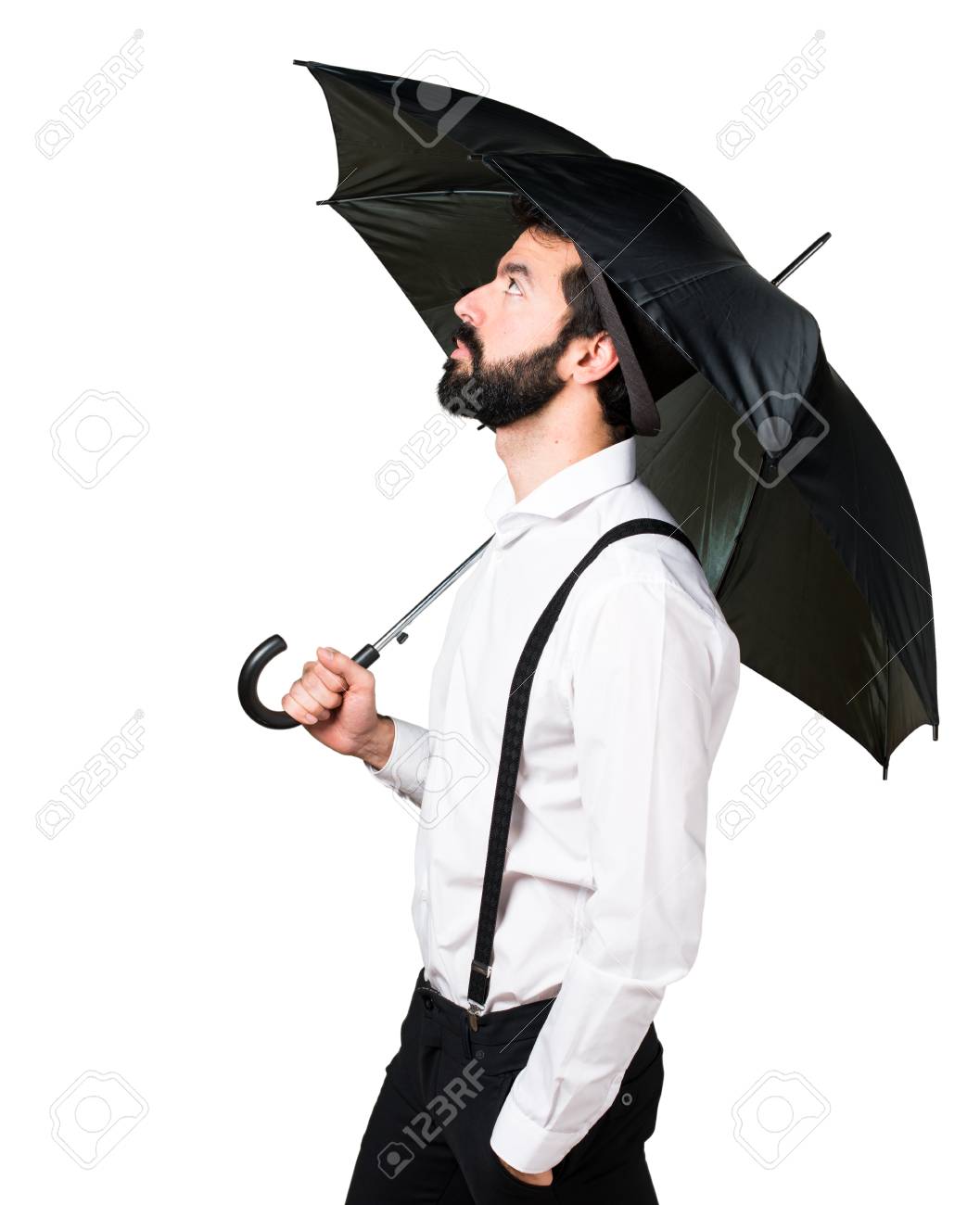 hipster man with beard holding an umbrella stock photo picture and