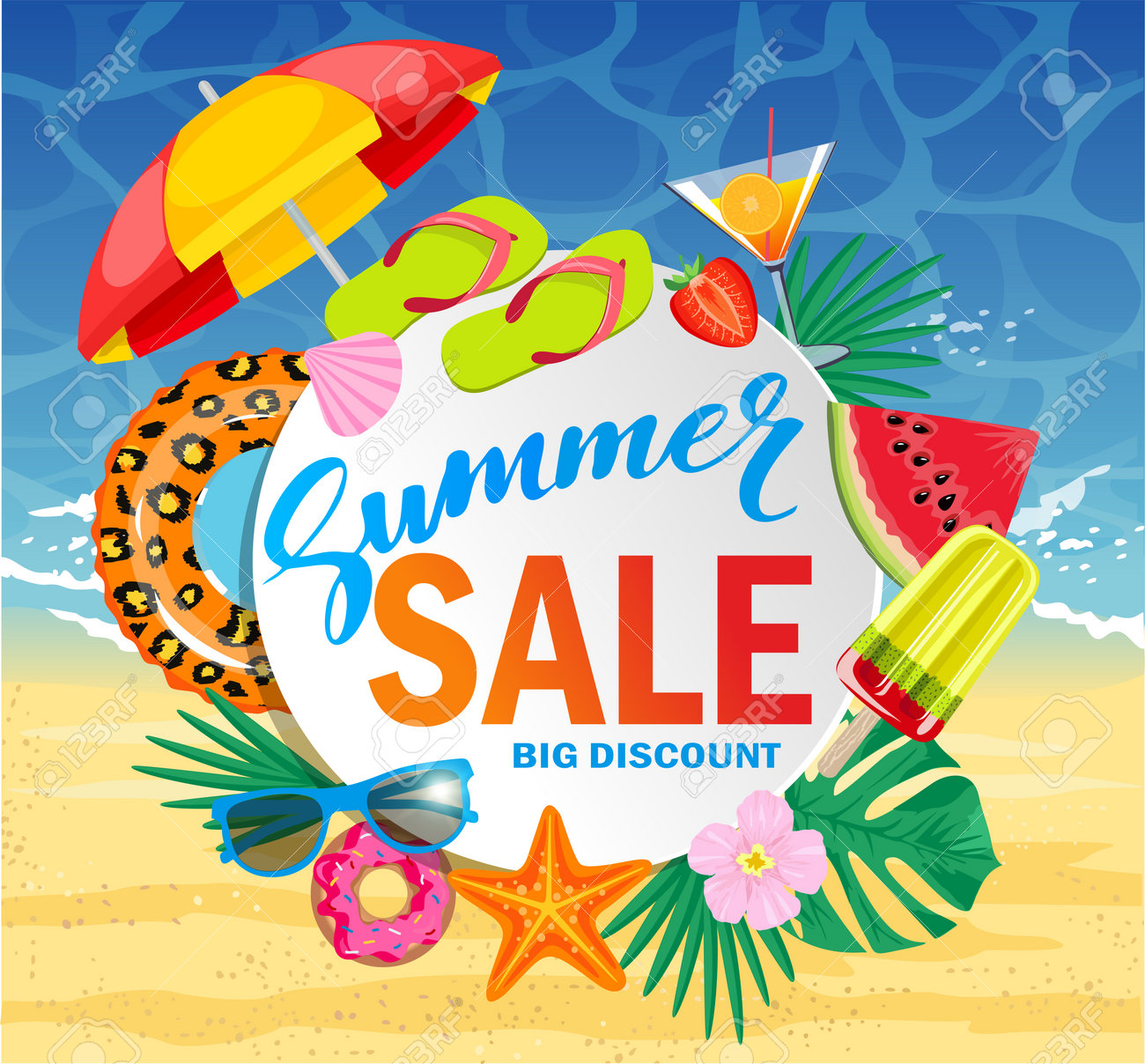 Summer sale vector banner design for promotion with colorful beach elements over white circle. Top view of sunglasses, slices of watermelon, cocktail, seashells on wooden texture. Vector illustration - 168572964 Summer sale vector banner design for promotion with colorful beach elements over white circle. Top view of sunglasses, slices of watermelon, cocktail, seashells on wooden texture. Vector illustration - 168572964