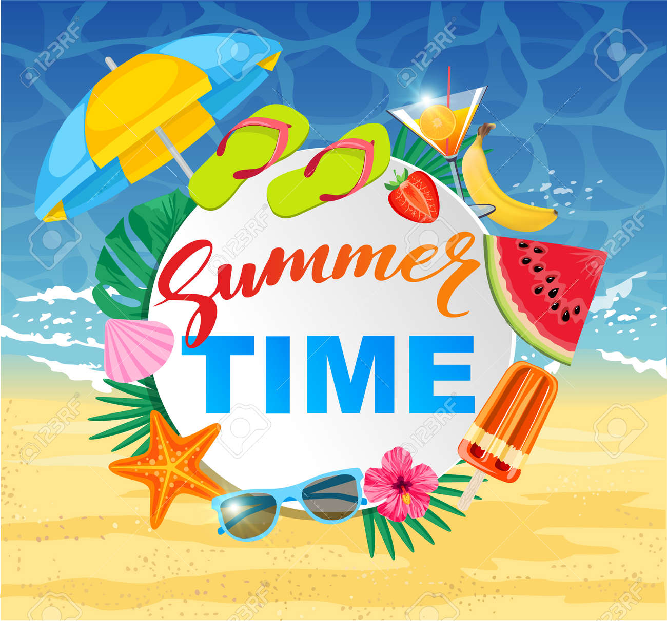 Summer time design with white circle for text and colorful beach elements. Bright greeting banner. Poster with tropical leaves, sun umbrella watermelon, popsicles, cocktail on sea background. - 169650562 Summer time design with white circle for text and colorful beach elements. Bright greeting banner. Poster with tropical leaves, sun umbrella watermelon, popsicles, cocktail on sea background. - 169650562