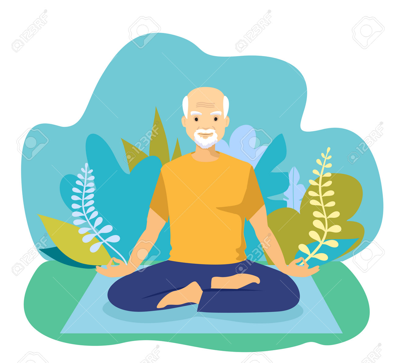 Elderly man doing yoga. Happy Retired concept. Happy relaxed chubby man practising Lotus yoga pose, meditating and doing hatha breathing exercise - 169650616 Elderly man doing yoga. Happy Retired concept. Happy relaxed chubby man practising Lotus yoga pose, meditating and doing hatha breathing exercise - 169650616