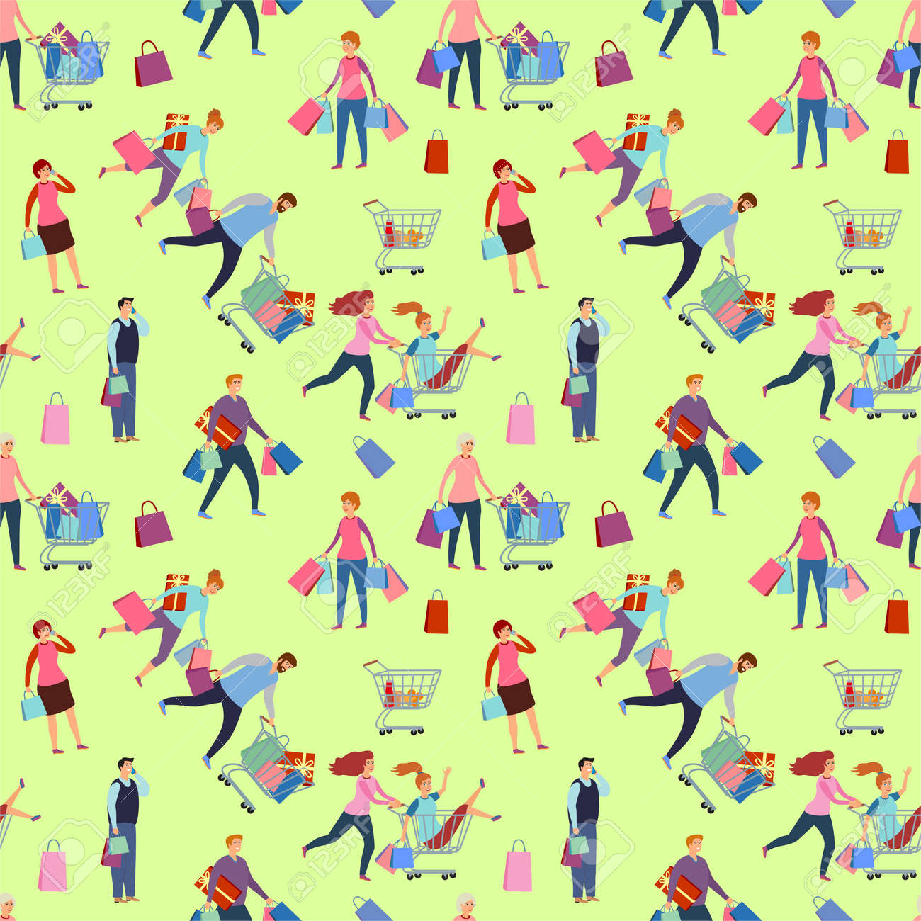 Shopping people, man and woman with bags. Happy people rush to shop seamless background. Girlfriends shopping. Family in the store. Seamless vector pattern illustration - 169743697 Shopping people, man and woman with bags. Happy people rush to shop seamless background. Girlfriends shopping. Family in the store. Seamless vector pattern illustration - 169743697
