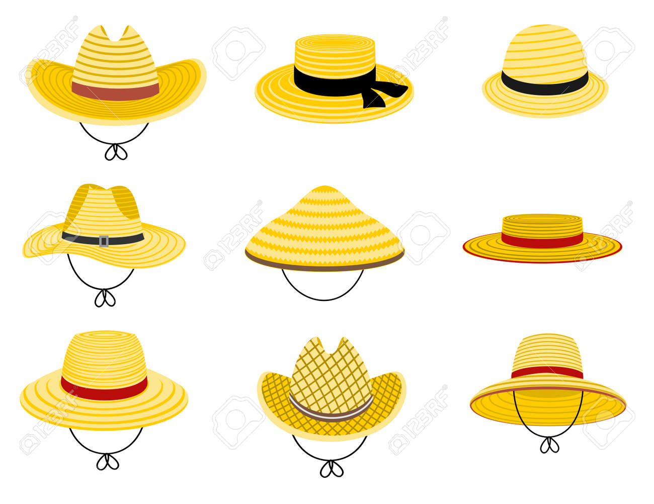 Farmers gardening hats. Summer traditional agriculture rural headdress. Asian japan hat, straw american cowboy hat and and female straw cap, yellow beach head accessory isolated on white background - 169743699 Farmers gardening hats. Summer traditional agriculture rural headdress. Asian japan hat, straw american cowboy hat and and female straw cap, yellow beach head accessory isolated on white background - 169743699