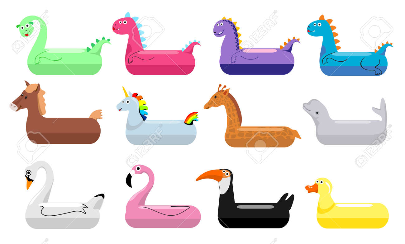 Inflatable pool floats. Inflatable swimming rings set for children. Floating dragon, whale, duck, flamingo, horse, unicorn. Swim tube. Vector collection - 169743735 Inflatable pool floats. Inflatable swimming rings set for children. Floating dragon, whale, duck, flamingo, horse, unicorn. Swim tube. Vector collection - 169743735