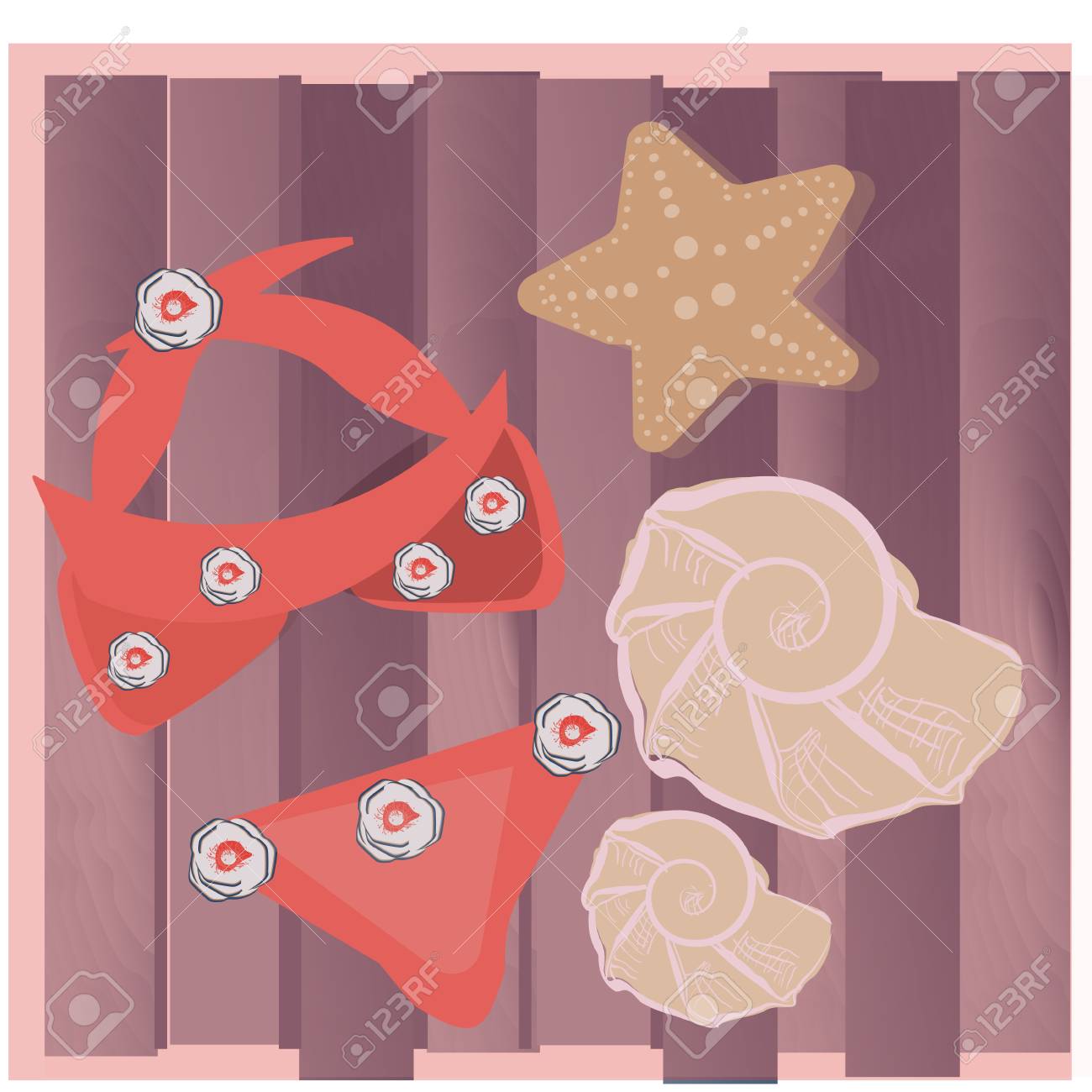 Y Conchas Baño Sobre De Fondo Marinas Traje Vector MaderaMaqueta JlFK13cT