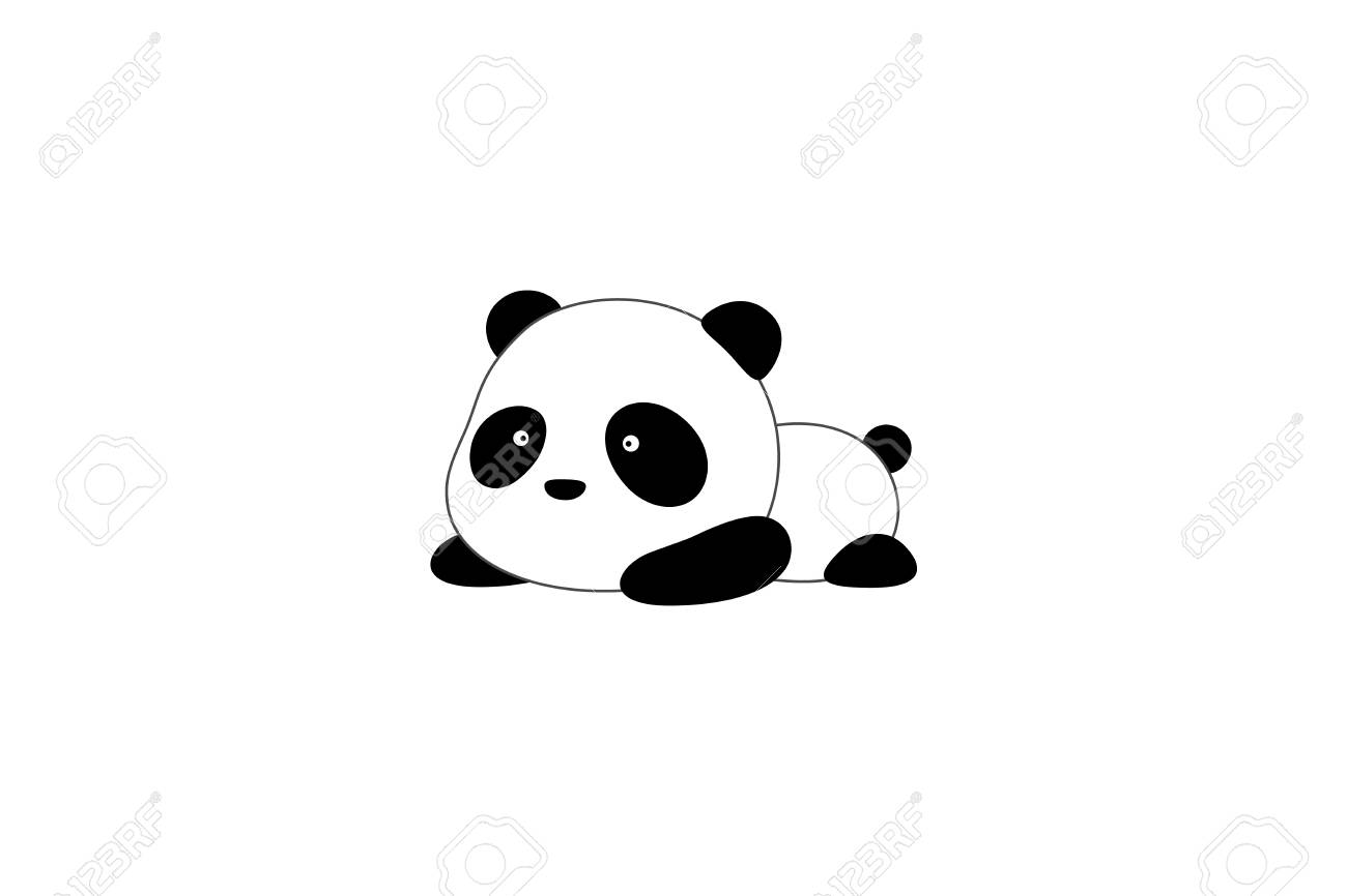 Cute funny cartoon giant panda bear lies on its stomach on the ground - 103217182 Cute funny cartoon giant panda bear lies on its stomach on the ground - 103217182