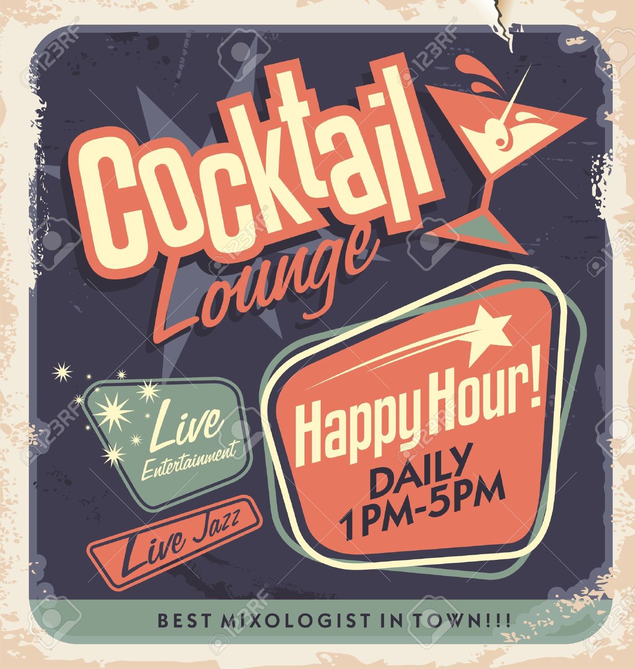 Retro poster design for cocktail lounge Cocktail party vector concept Vintage card design on old paper texture for bar or restaurant Food and drink concept - 21331456 Retro poster design for cocktail lounge Cocktail party vector concept Vintage card design on old paper texture for bar or restaurant Food and drink concept - 21331456