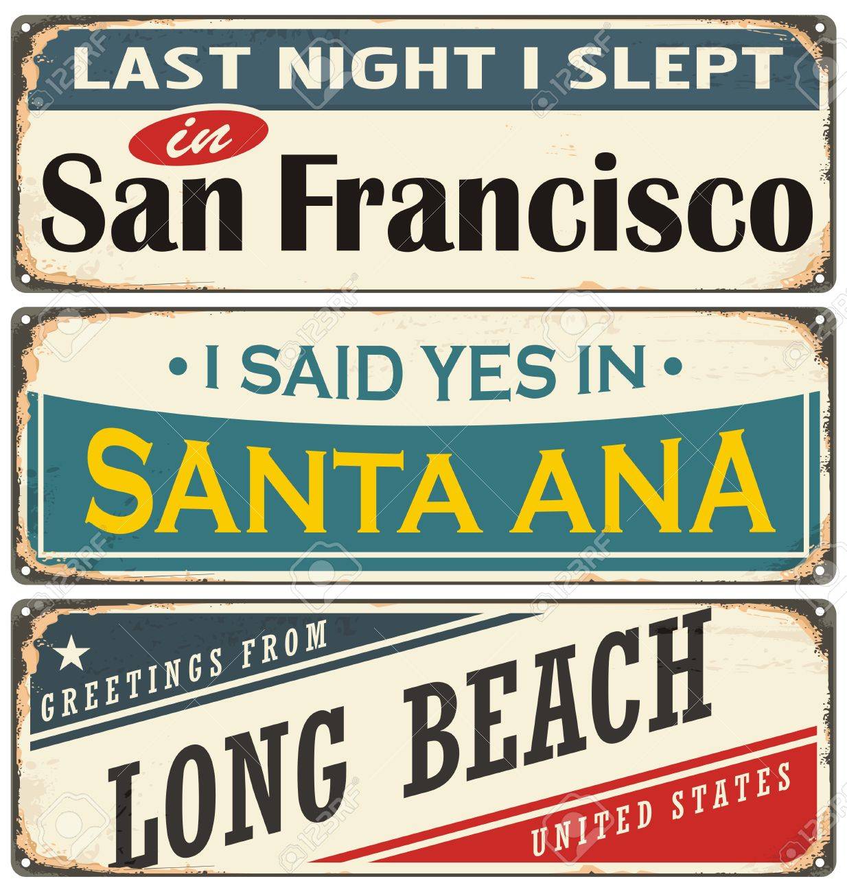 米国都市名をレトロなブリキ看板コレクションのイラスト素材 ベクタ Image