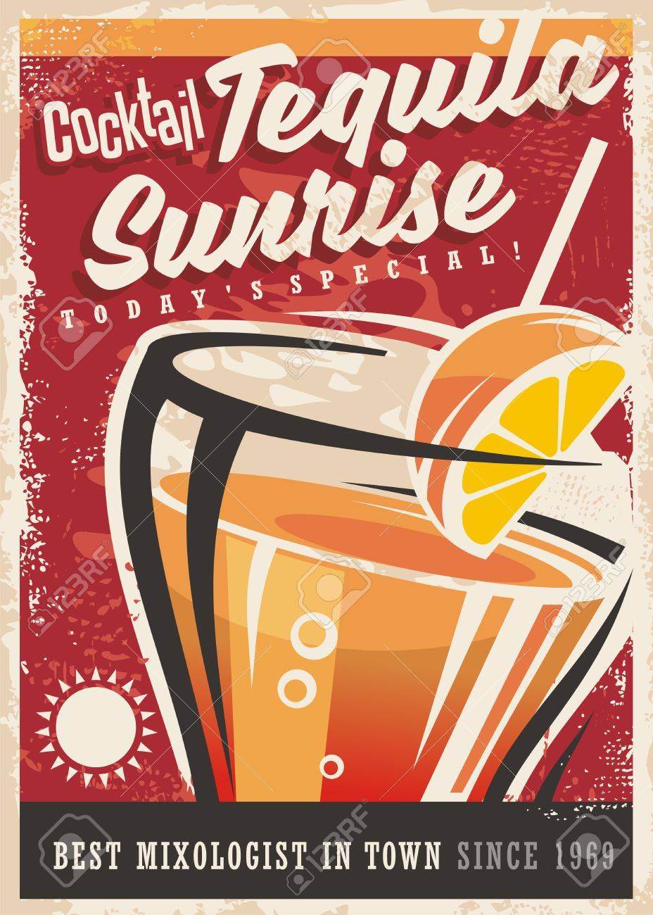 cocktail tequila sunrise retro promotional poster design vintage