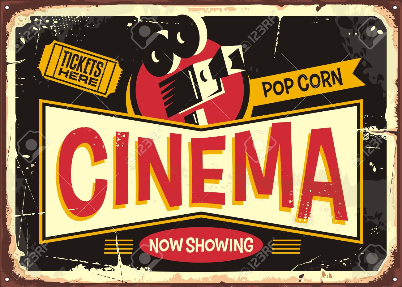 Cinema retro tin sign design template. Vintage entertainment poster layout with movie camera and cinema ticket on a black background. - 104990939 Cinema retro tin sign design template. Vintage entertainment poster layout with movie camera and cinema ticket on a black background. - 104990939