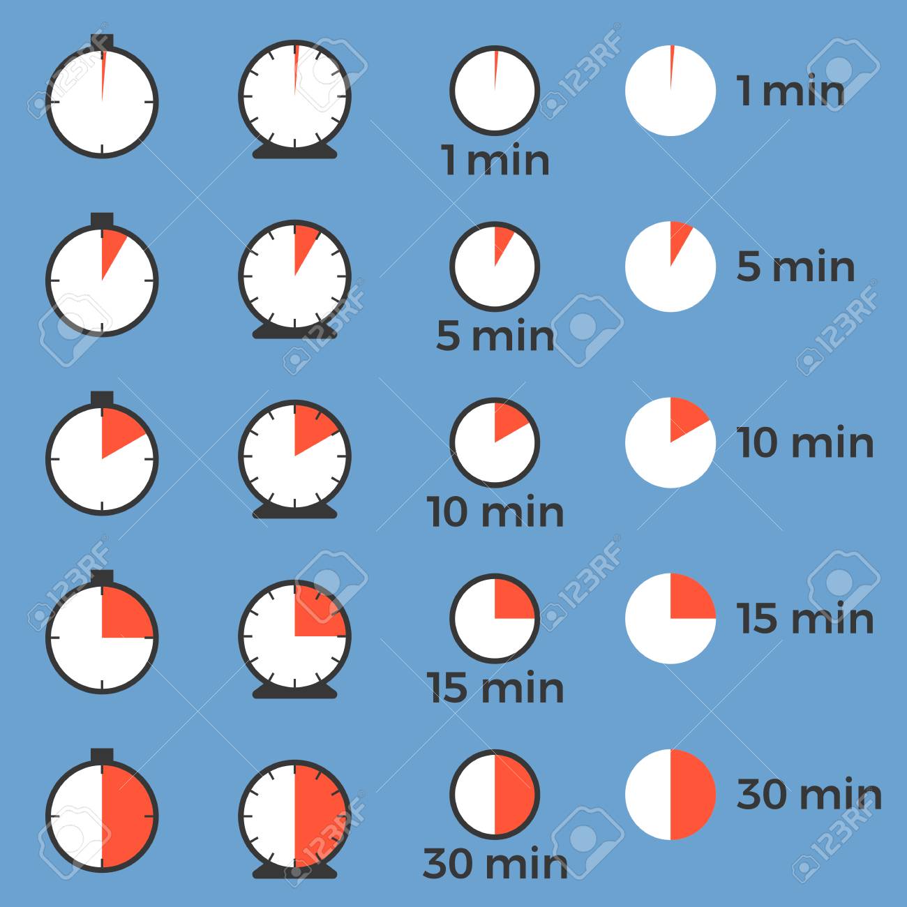 set of simple timer in various design for use in sports or label set timer for 10 minutes