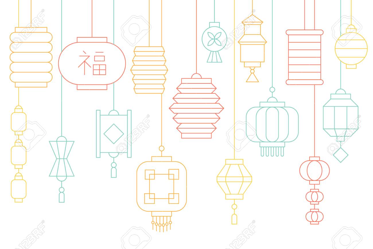 旧正月と中秋祭りの中国ランタンバナー 細い線イラストのイラスト素材 ベクタ Image