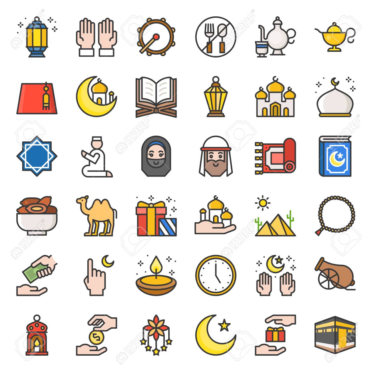 Ramadan And Eid Mubarak Celebration Icon Set Flat Filled Outline Royalty Free Cliparts Vectors And Stock Illustration Image 109506227