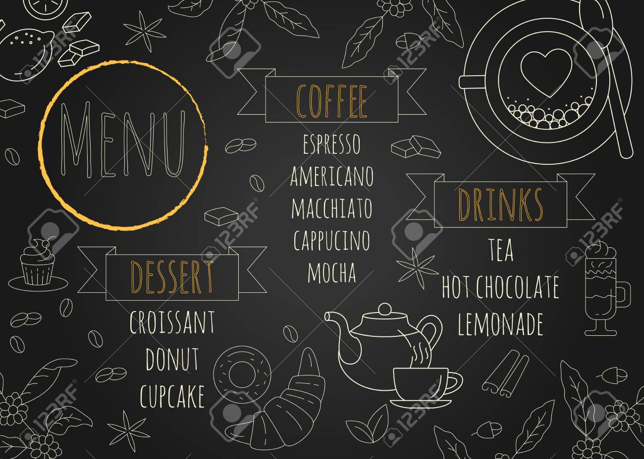 restaurant coffee menu design with chalkboard background royalty