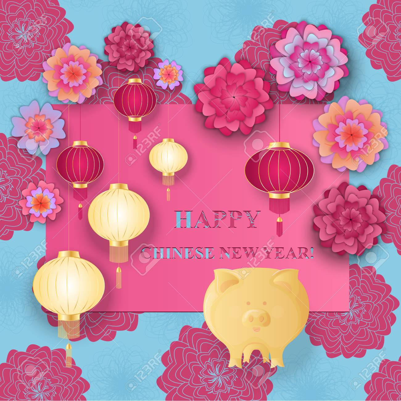 chinese new year 2019 yellow earth pig paper flowers and paper flower lanterns