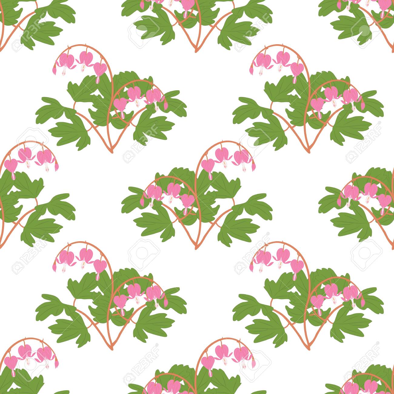 Vintage Asian Floral Pattern Background With Bleeding Heart Heart Shaped Pink And White Flower Lyre Flower Heart Flower And Lady In A Bath Spring Flowers Background Great For Wallpaper Textile Royalty Free