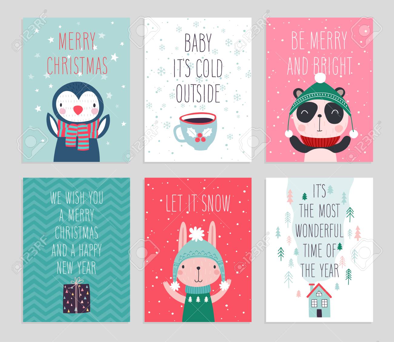Christmas Card Set With Cute Animals Hand Drawn Characters Royalty Free Cliparts Vectors And Stock Illustration Image 110434966