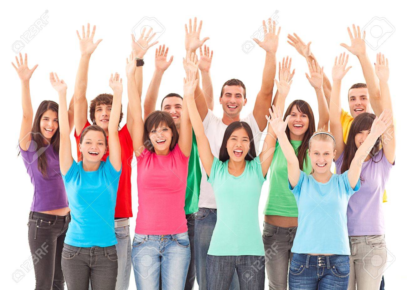 A Group Of Cheerful People Posing With Their Arms Up. Stock Photo, Picture  And Royalty Free Image. Image 19593293.