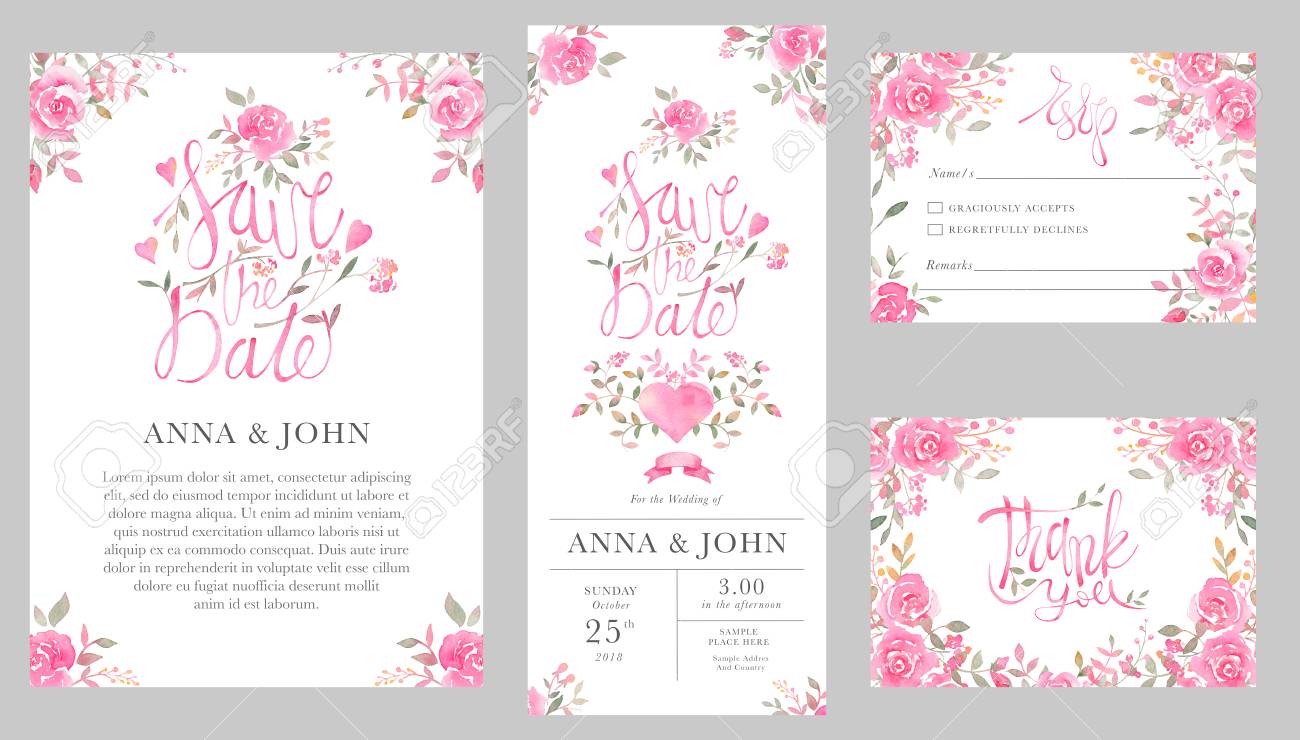 Set Of Wedding Invitation Card Templates With Watercolor Rose Inside Invitation Cards Templates For Marriage