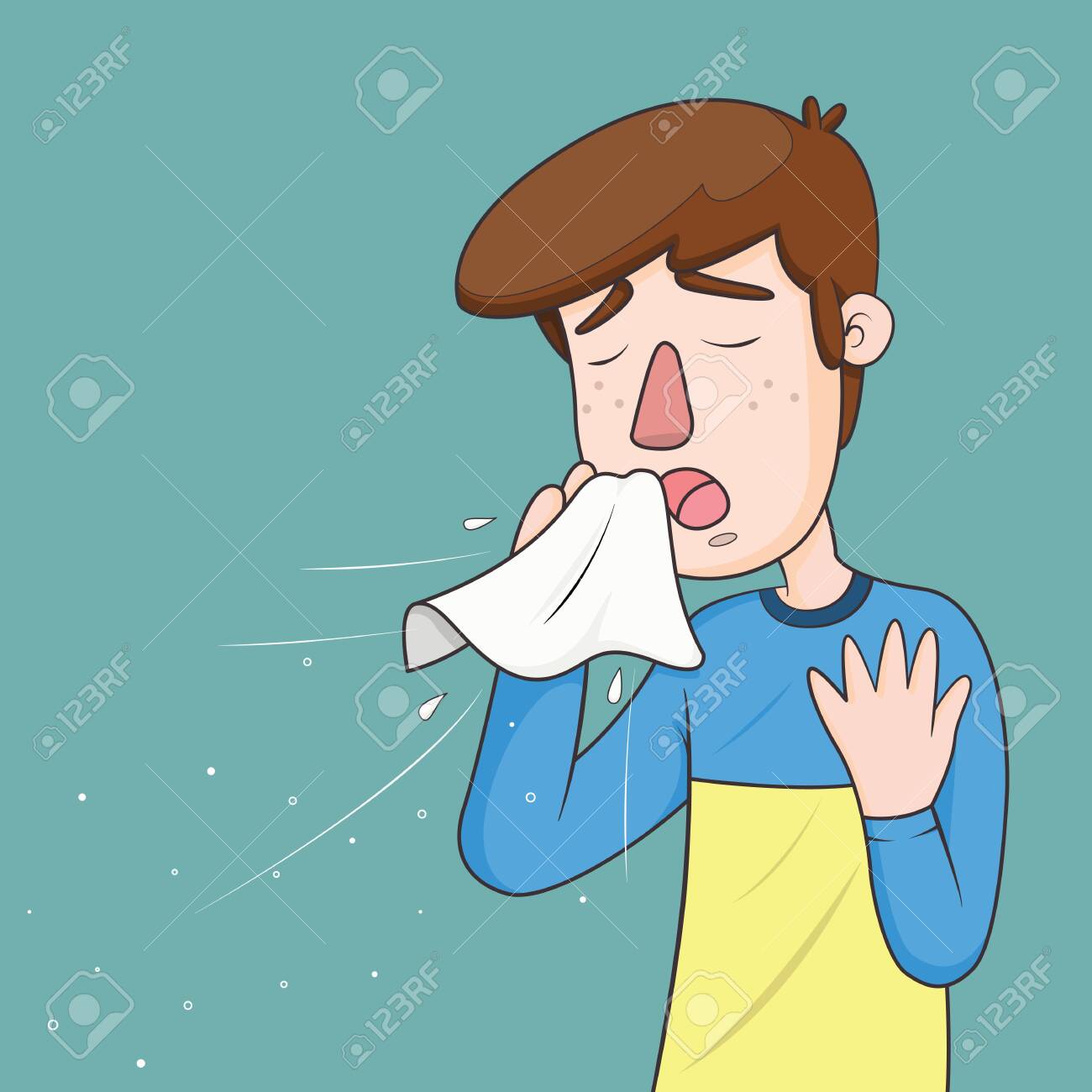 Man With Sneezing With Spray And Small Drops Comic, Cartoon. Health  Concept. Vector Illustration. Клипарты, SVG, векторы, и Набор Иллюстраций  Без Оплаты Отчислений. Image 140718372
