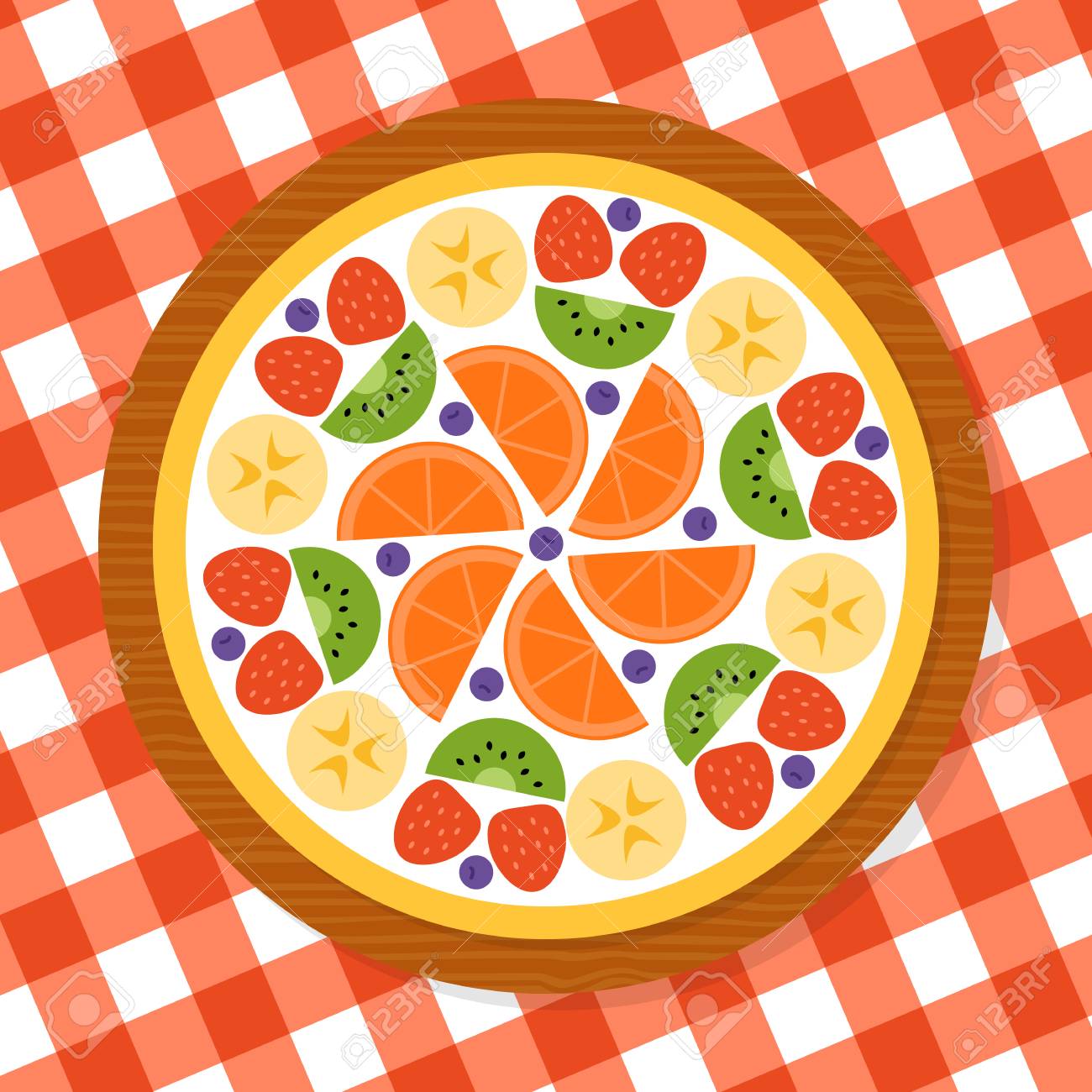Fruit Pizza On A Wooden Stand On A Red Checkered Tablecloth Royalty Free Cliparts Vectors And Stock Illustration Image 93202833