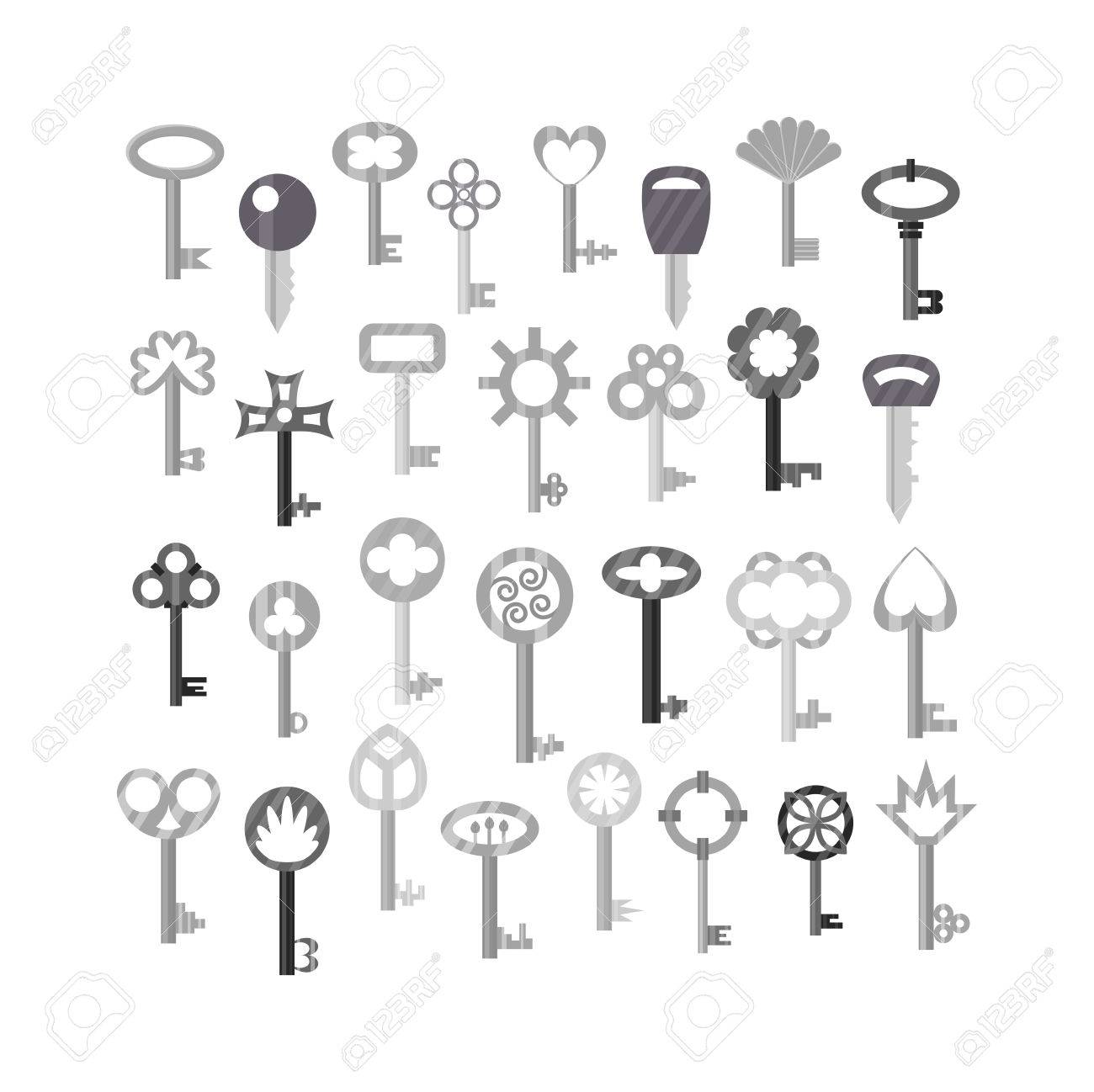 ヴィンテージのドアの鍵キー黒シルエットの白い背景に分離されました 家庭用のビンテージ キー レトロな金属製のセキュリティ ビンテージ鍵と安全な家の装飾 装飾キー シルエットのイラスト素材 ベクタ Image