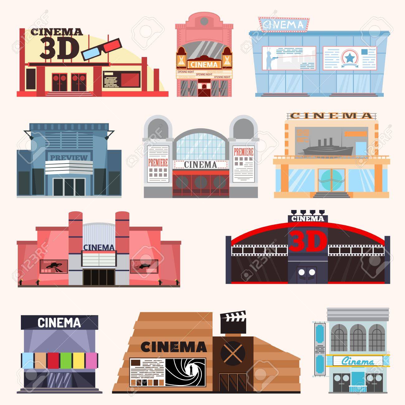 映画館のベクトル図を建物します 映画館の建物ベクトル ファサード映画エンターテイメント都市家 建築外装映画館都市フィルム アイコン劇場街を構築します のイラスト素材 ベクタ Image