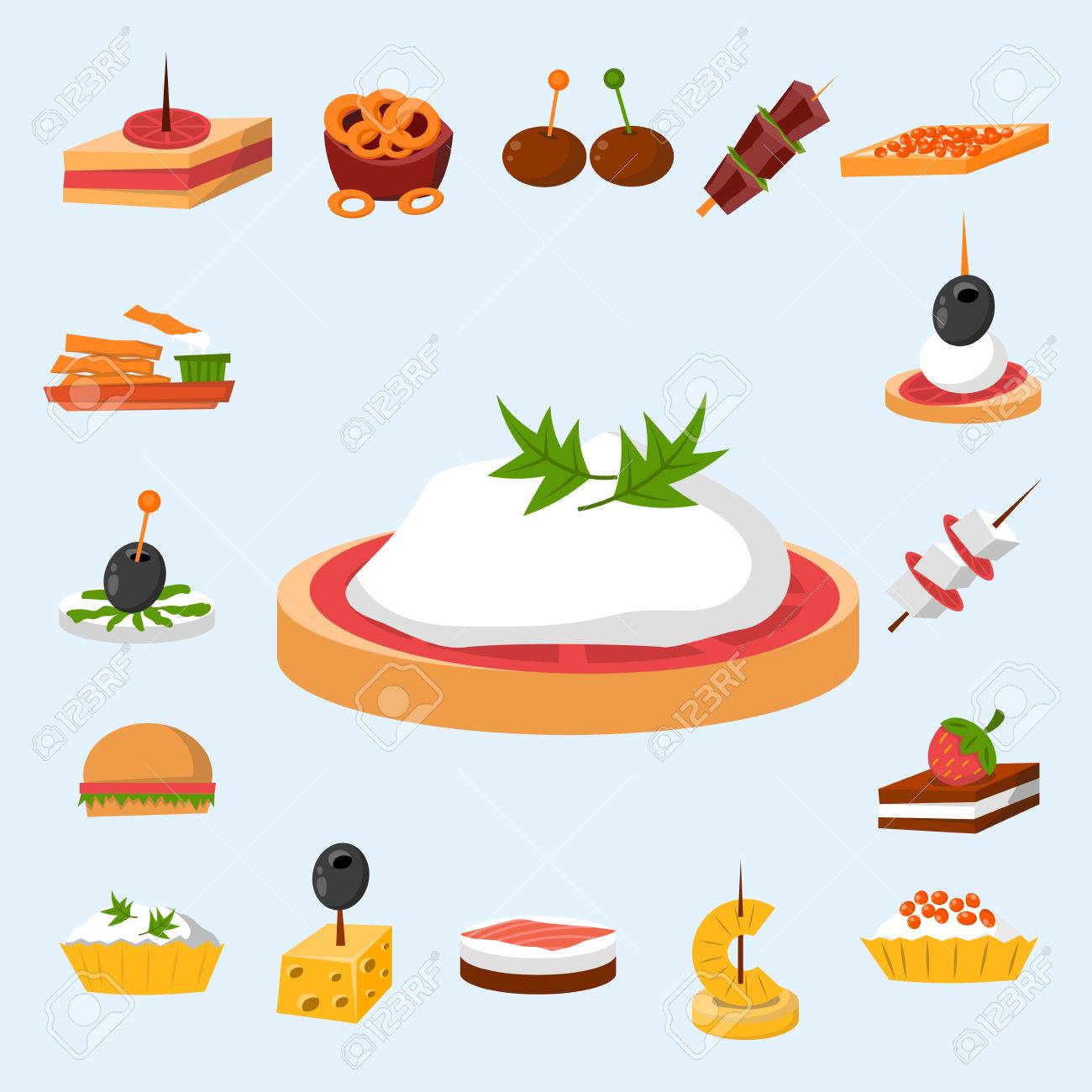 宴会大皿カナッペに様々 な肉魚チーズ パーティ軽食スナック前菜美味しいベクトルです のイラスト素材 ベクタ Image