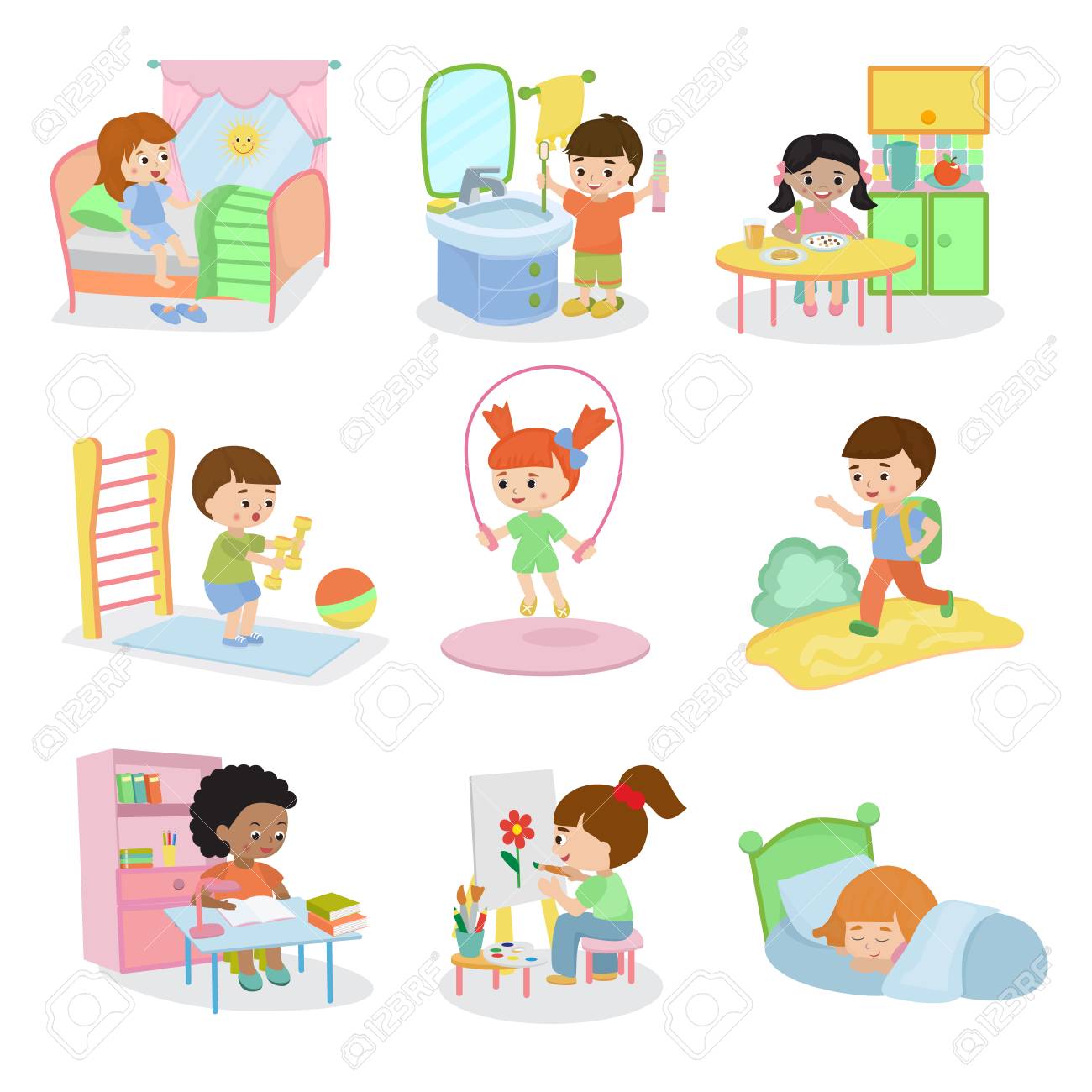 Kids Everyday Activities Set Children Daily Activity Routine In Childhood  Character Active Child Eating Or Studying Illustration Sleeping Girl Or  Playing Boy In Childroom Stock Photo, Picture and Royalty Free Image. Image, image size:1300x1300
