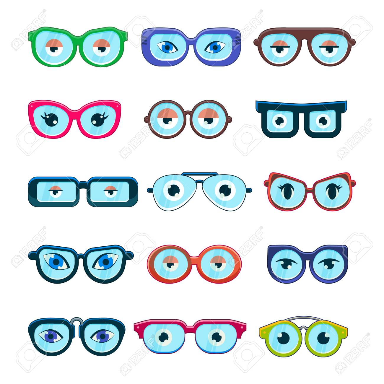 Glasses With Eyes Vector Cartoon Eyeglass Frame Or Sunglasses In Shapes And  Accessories For Hipsters Fashion Optical Framing Spectacles Eyesight View  Set Illustration Isolated On White Background Royalty Free SVG, Cliparts,  Vectors,, image size:1300x1300