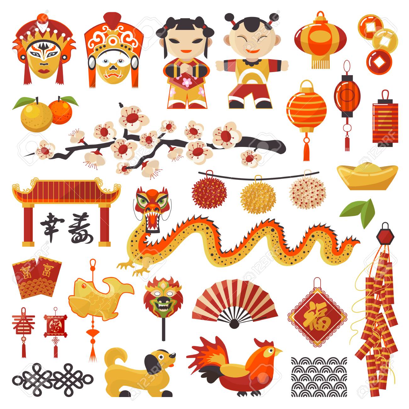 China New Year vector icons set decorative holiday. Chinese traditional symbols and objects dragon, dog, lighter and east tea, famous oriental culture chinese New Year celebration illustration. - 96000730 China New Year vector icons set decorative holiday. Chinese traditional symbols and objects dragon, dog, lighter and east tea, famous oriental culture chinese New Year celebration illustration. - 96000730