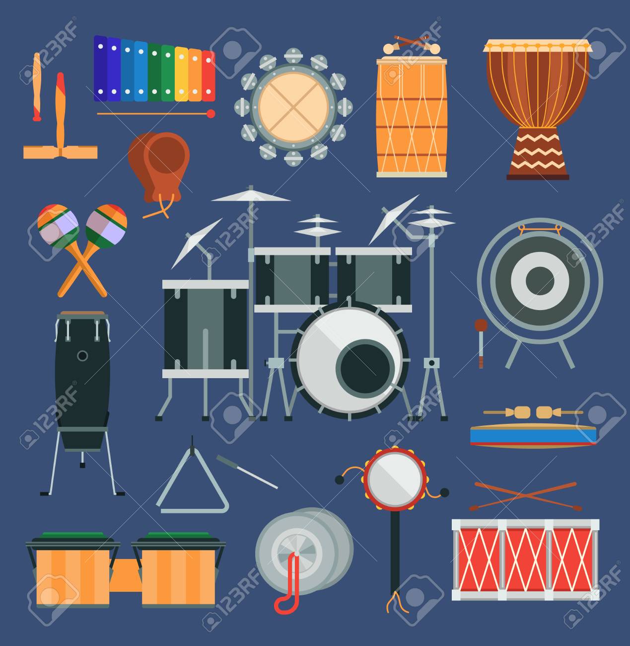 ベクトルドラム打楽器平らなスタイルのクラシックオーケストラ ロックとポップコンサートドラム伝統的な国の漫画楽器のデザイン要素 のイラスト素材 ベクタ Image