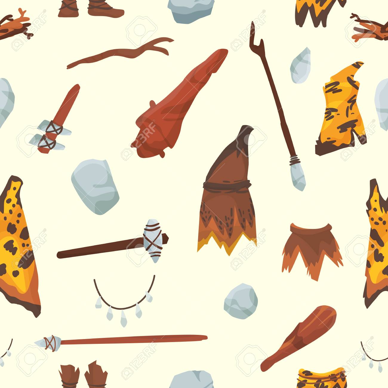 原始人は石器時代の原生歴史狩猟道具 洞窟人の武器と家の生活のシンボルイラスト のイラスト素材 ベクタ Image