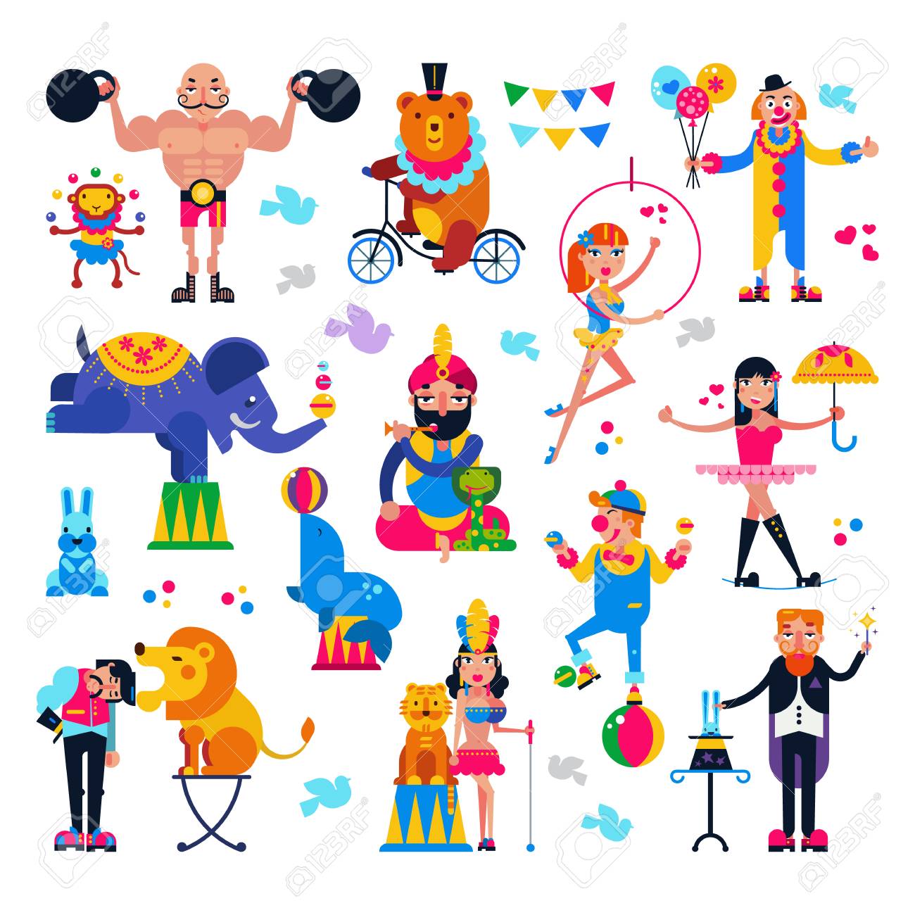 circus people vector acrobat or clown and trained animals characters