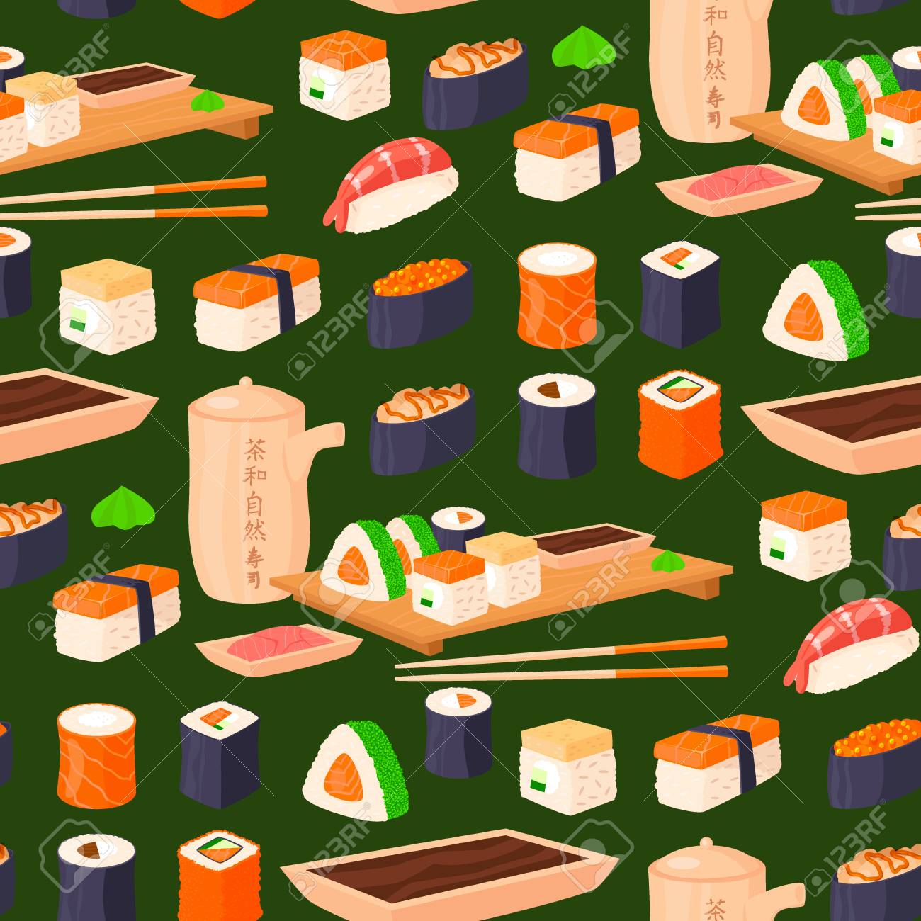 寿司ロールベクターフードと日本のグルメシーフード伝統的な海藻新鮮な生のスナックイラストシームレスなパターンの背景のイラスト素材 ベクタ Image