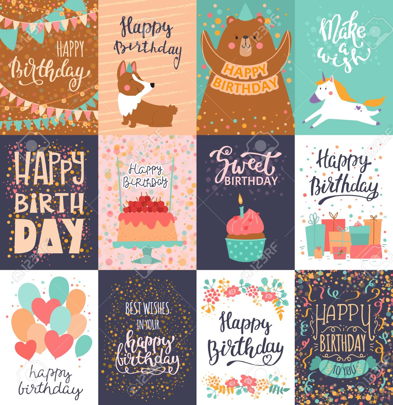 Happy Birthday Card Vector Anniversary Greeting Postcard With Lettering And Kids Birth Party Invitation With Cake Or Gifts Illustration Set Of Childs Postal Cards For Typography Royalty Free Cliparts Vectors And Stock