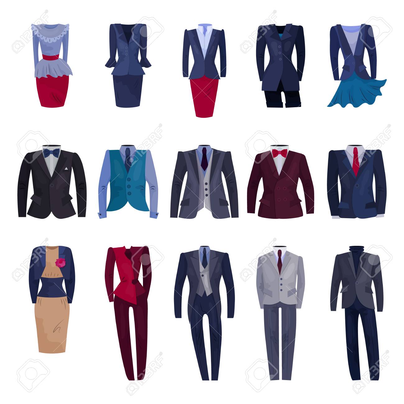 Business suit vector businessman or businesswoman corporate suited clothes illustration set of manager or worker dress code clothing at office isolated on white background. - 110023155 Business suit vector businessman or businesswoman corporate suited clothes illustration set of manager or worker dress code clothing at office isolated on white background. - 110023155