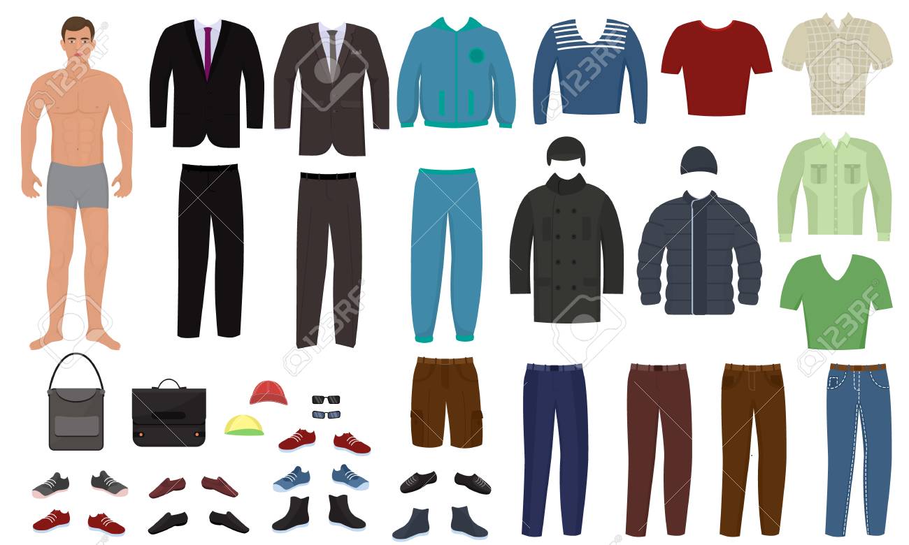Man clothing vector cartoon boy character dress up clothes with fashion pants or shoes illustration boyish set of male cloth for cutting cap or T-short isolated on white background. - 126039251 Man clothing vector cartoon boy character dress up clothes with fashion pants or shoes illustration boyish set of male cloth for cutting cap or T-short isolated on white background. - 126039251