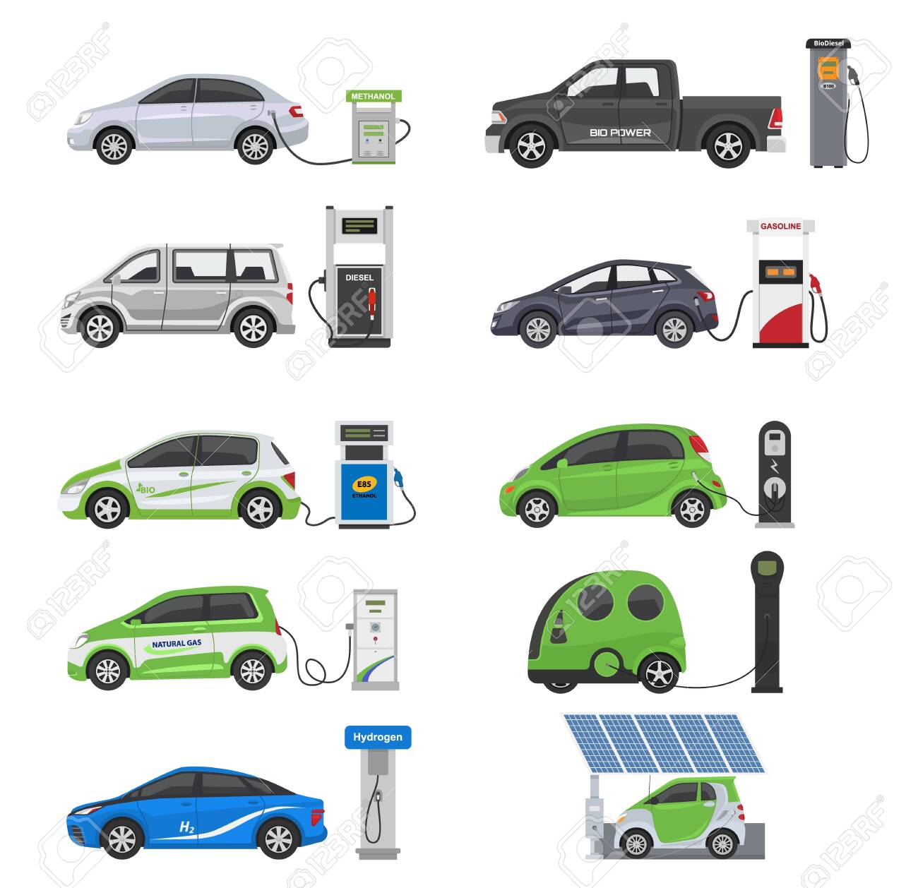 Fuel alternative vehicle vector team-car or gas-truck and solar-van or gasoline electricity station illustration set of bio-ethanol and hydrogen electric-car, isolated on white background - 132388969 Fuel alternative vehicle vector team-car or gas-truck and solar-van or gasoline electricity station illustration set of bio-ethanol and hydrogen electric-car, isolated on white background - 132388969