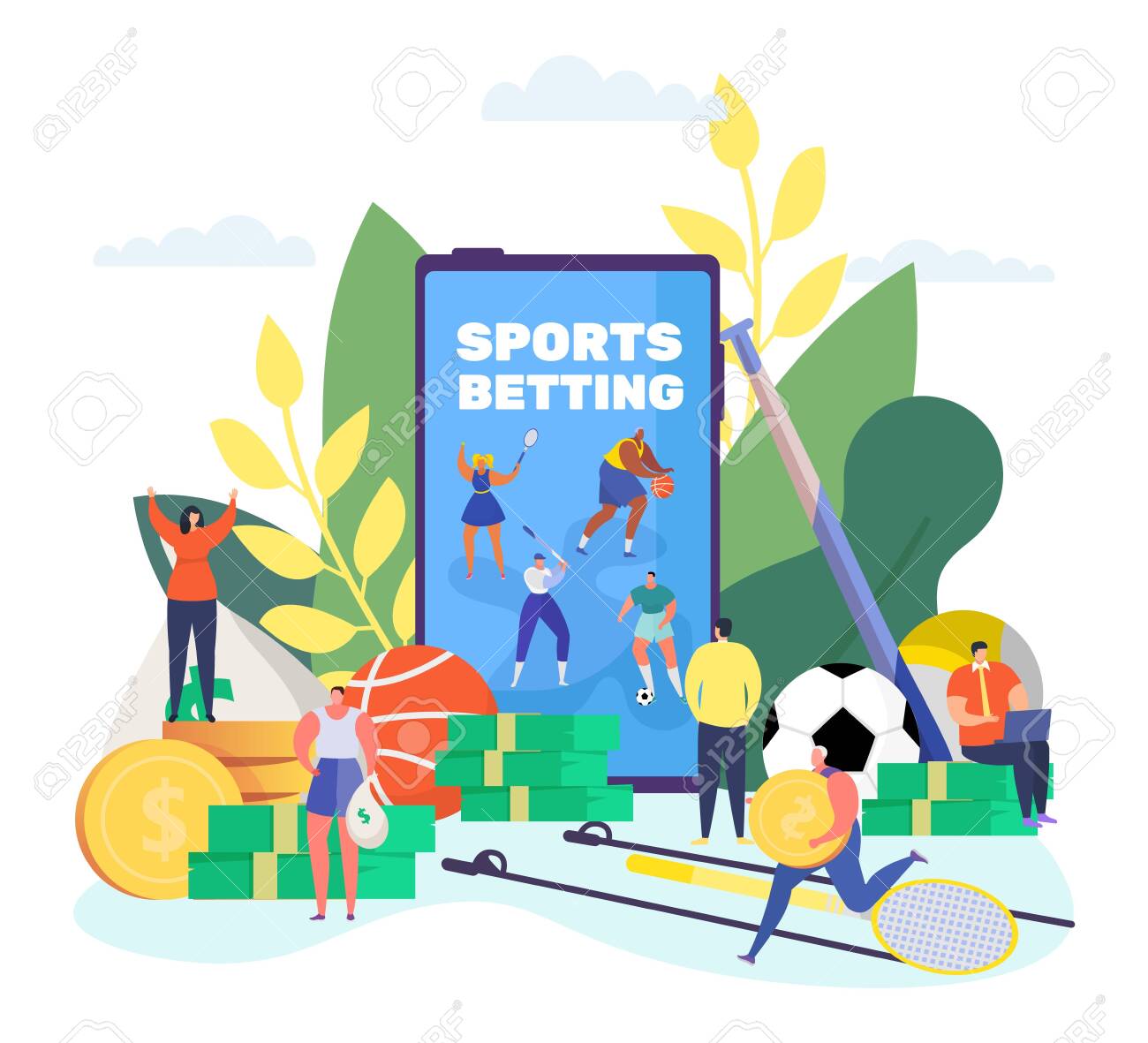 スポーツベッティングオンラインベクトルイラスト。漫画の小さな人々は、スマートフォンアプリ、お金のコインとフラットキャラクターを使用してスポーツ サッカーの競争を賭けます。ブックメーカーのインターネットビジネスは、白で隔離のイラスト素材・ベクター Image ...