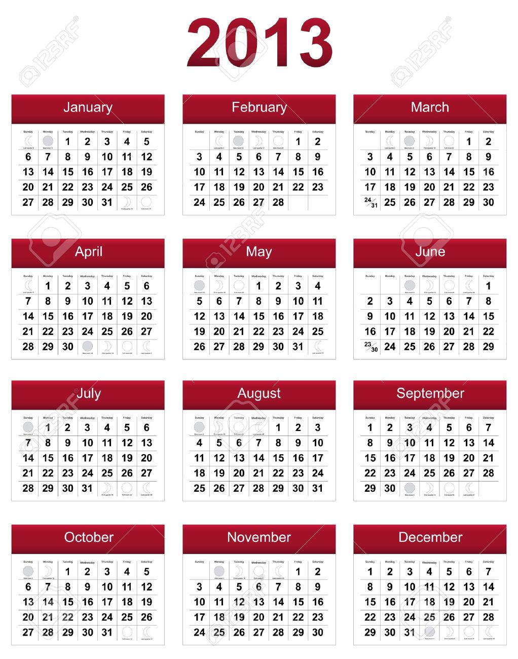 月の満ち欠けと赤 13年カレンダー の写真素材 画像素材 Image